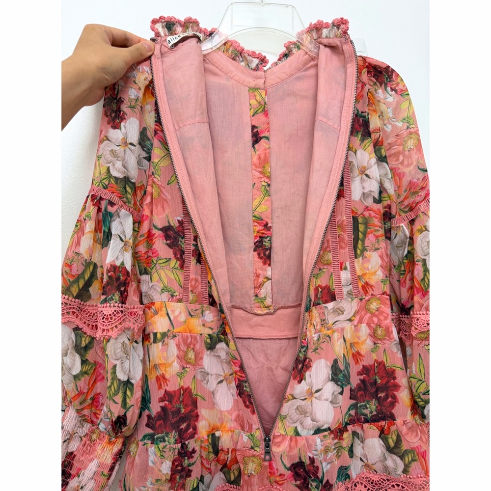 Alice + Olivia Brooke High Neck Maxi Dress Juniper Floral Rose Pink Lace Trim 0 - Picture 15 of 16
